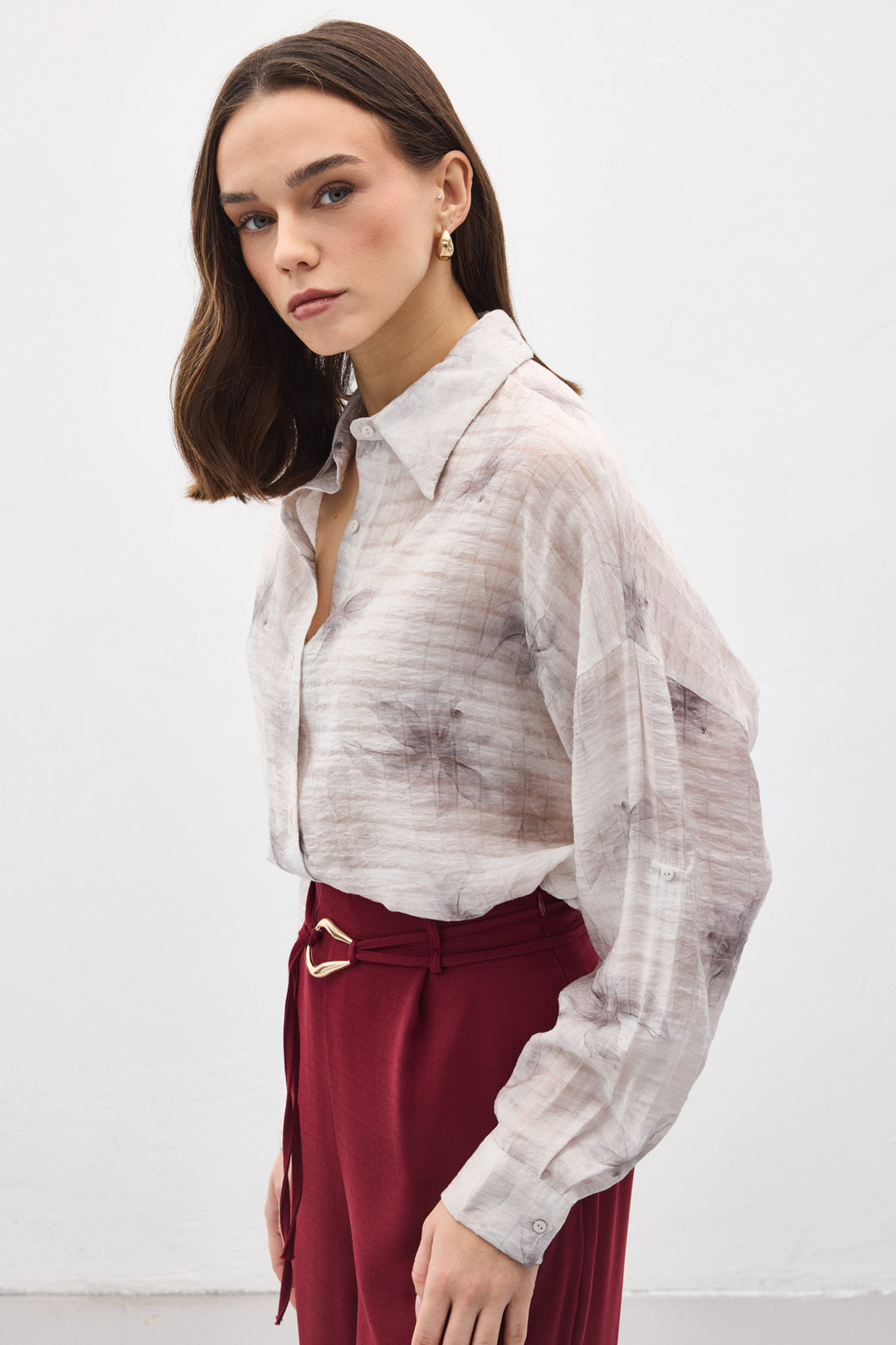 Sateen Chemise Fine à Manches Relevées - Gris