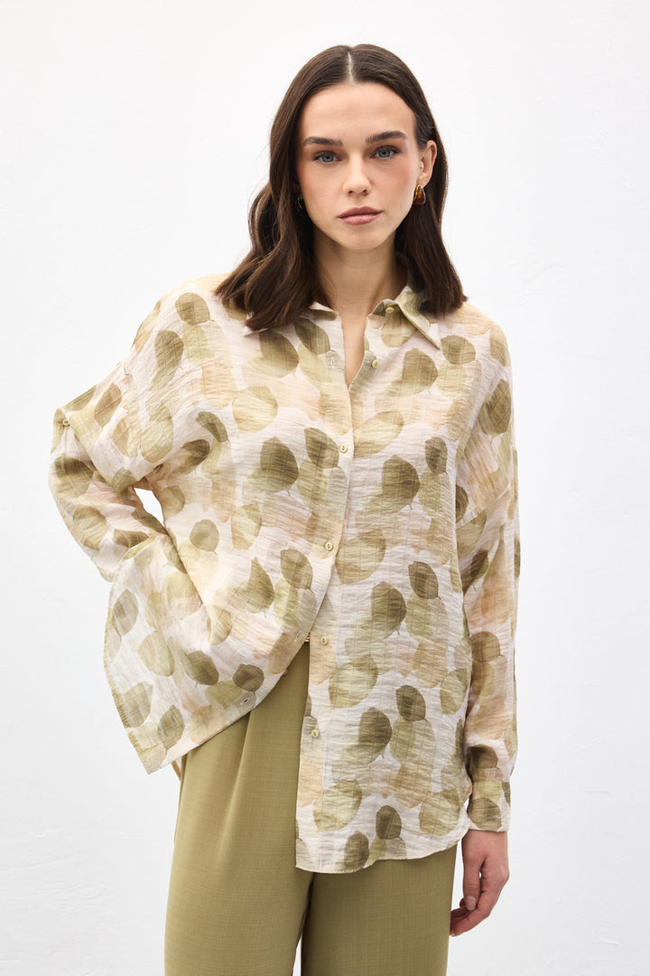 Sateen Chemise Fine à Manches Roulées - Kaki