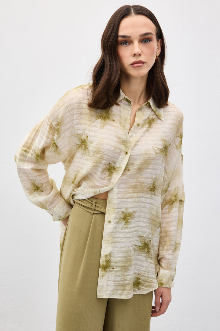 Sateen Chemise Fine à Manches Relevées - Kaki