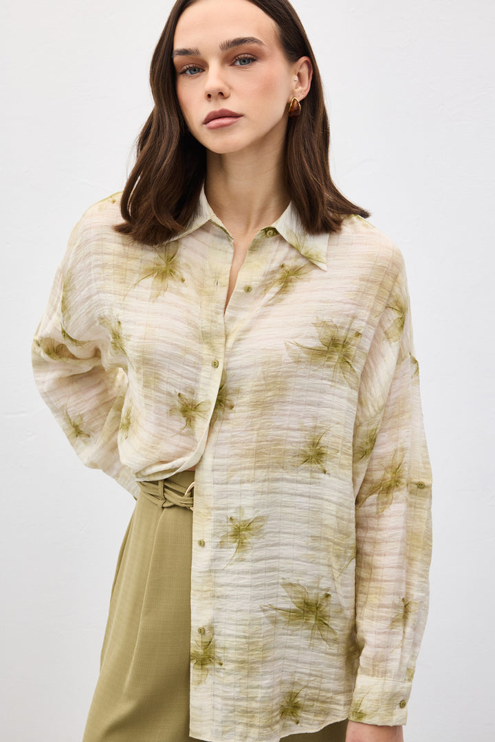 Sateen Chemise Fine à Manches Relevées - Kaki