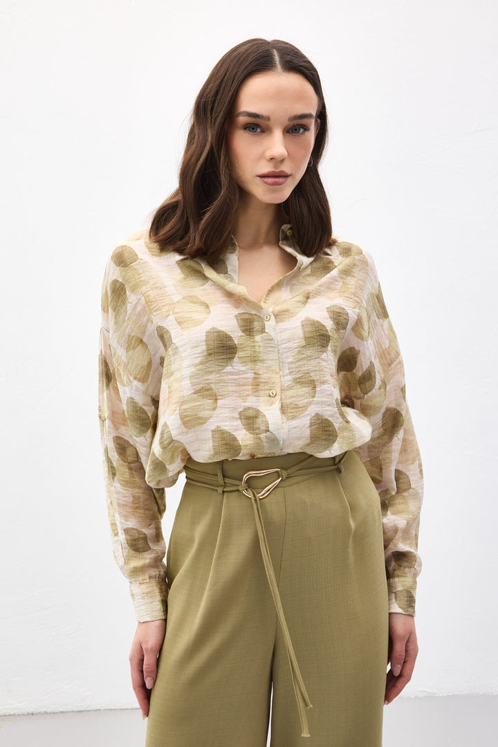 Sateen Chemise Fine à Manches Roulées - Kaki