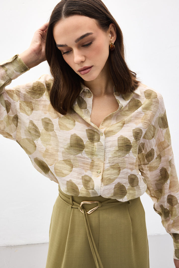 Sateen Chemise Fine à Manches Roulées - Kaki