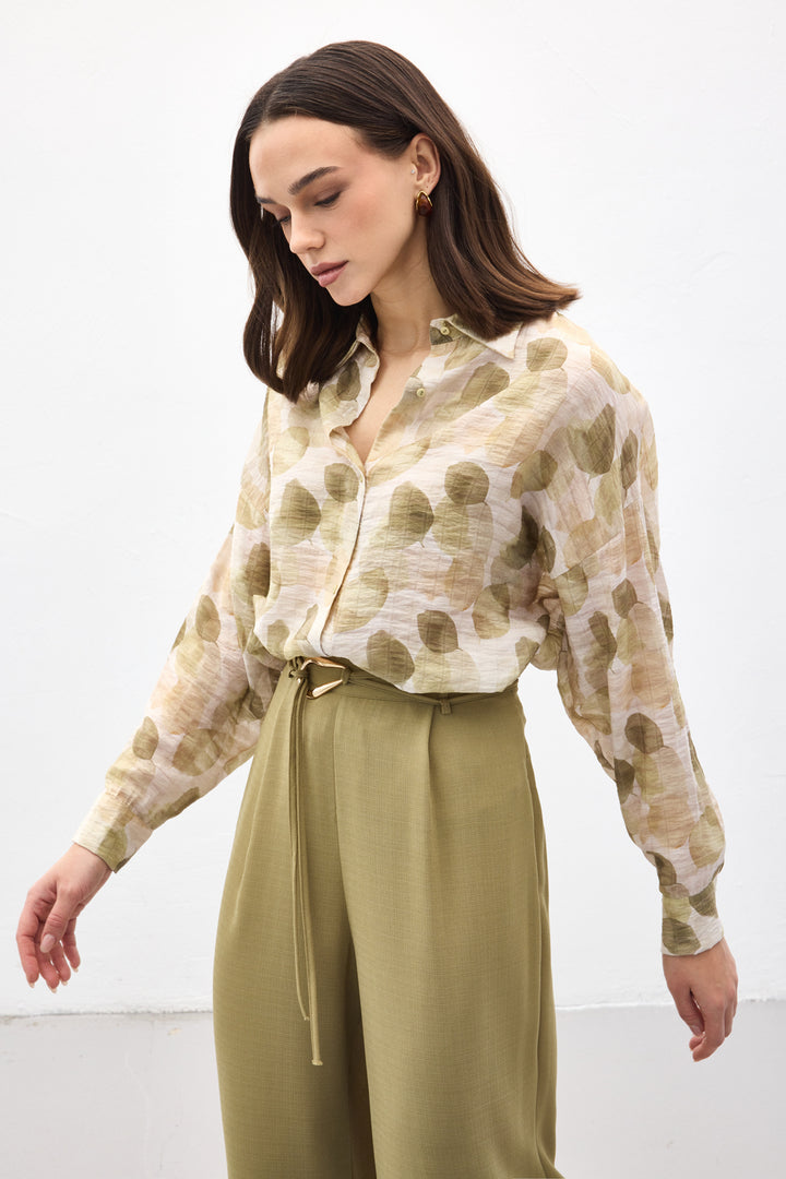 Sateen Chemise Fine à Manches Roulées - Kaki