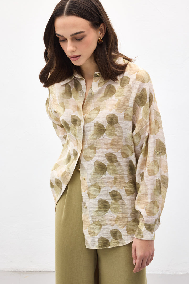 Sateen Chemise Fine à Manches Roulées - Kaki