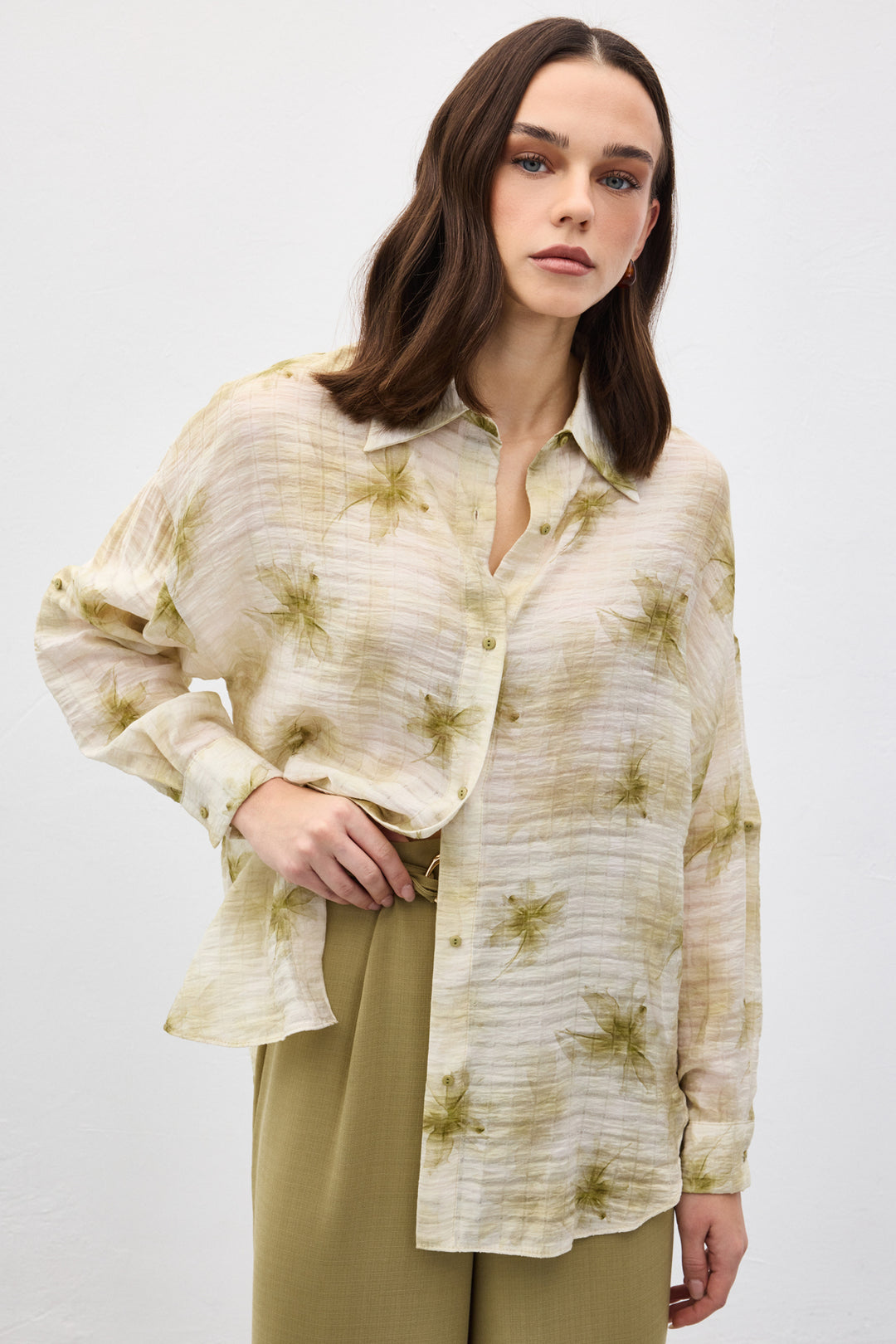 Sateen Chemise Fine à Manches Relevées - Kaki