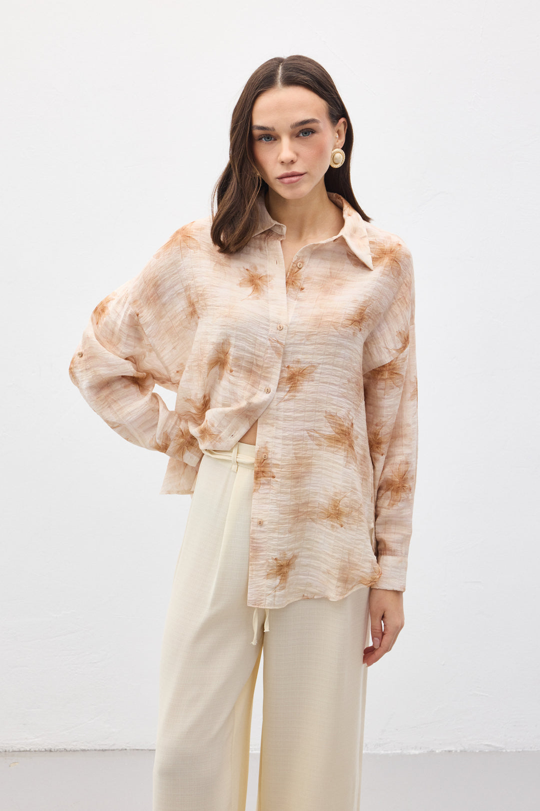 Sateen Chemise Fine à Manches Relevées - Marron