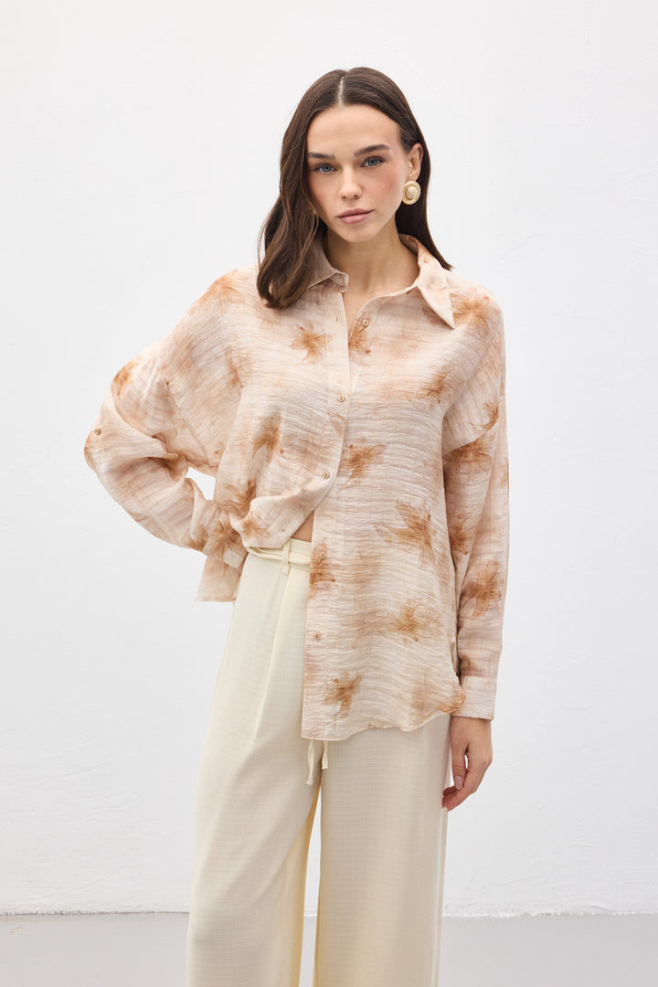 Sateen Chemise Fine à Manches Relevées - Marron