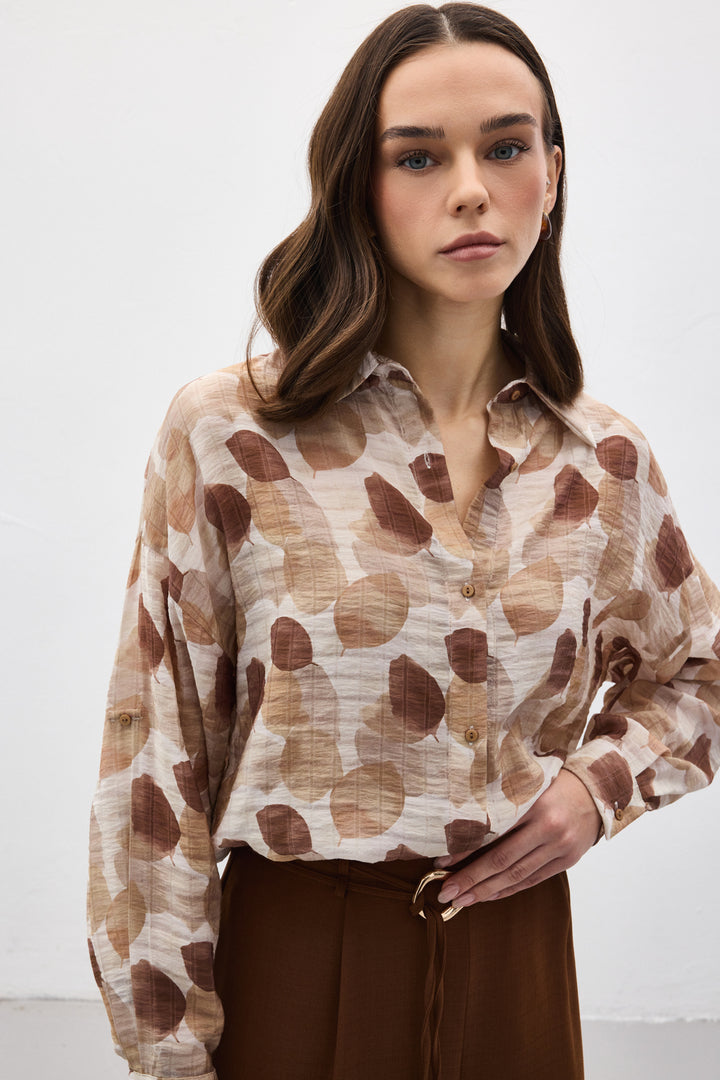Sateen Chemise Fine à Manches Roulées - Marron