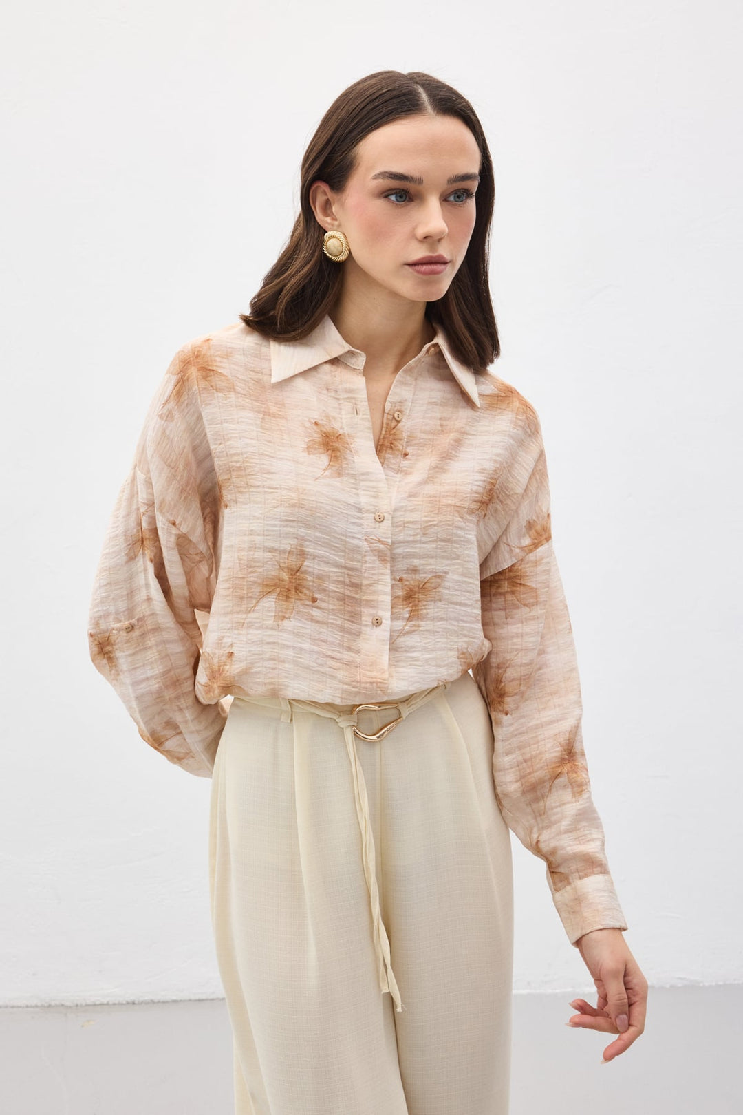 Sateen Chemise Fine à Manches Relevées - Marron