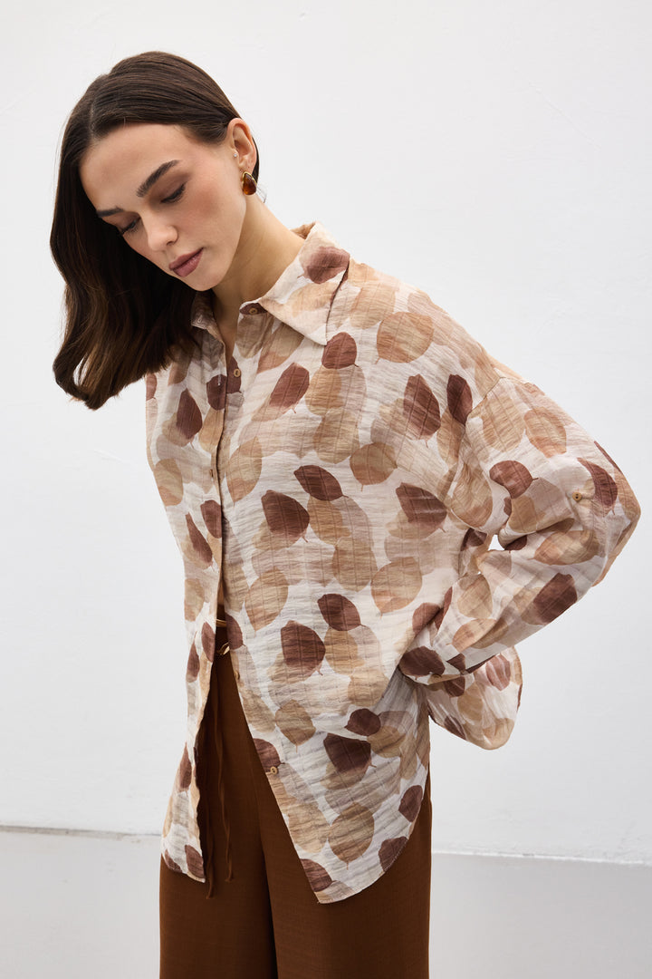Sateen Chemise Fine à Manches Roulées - Marron