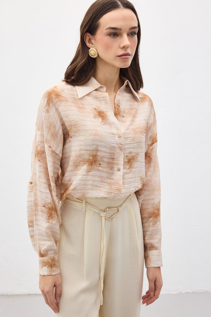 Sateen Chemise Fine à Manches Relevées - Marron