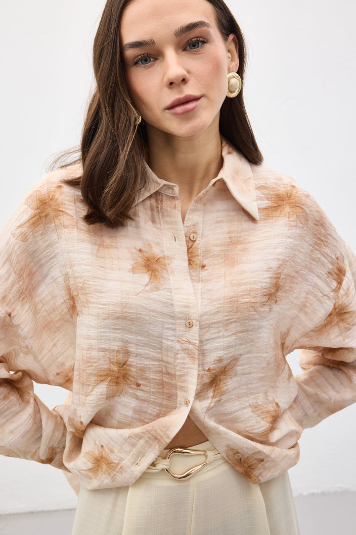 Sateen Chemise Fine à Manches Relevées - Marron