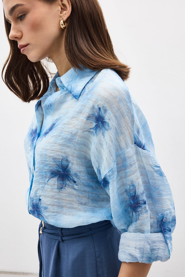 Sateen Chemise Fine à Manches Relevées - Bleu