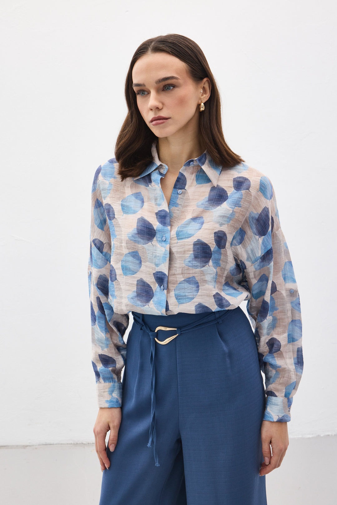 Sateen Chemise Fine à Manches Roulées - Bleu