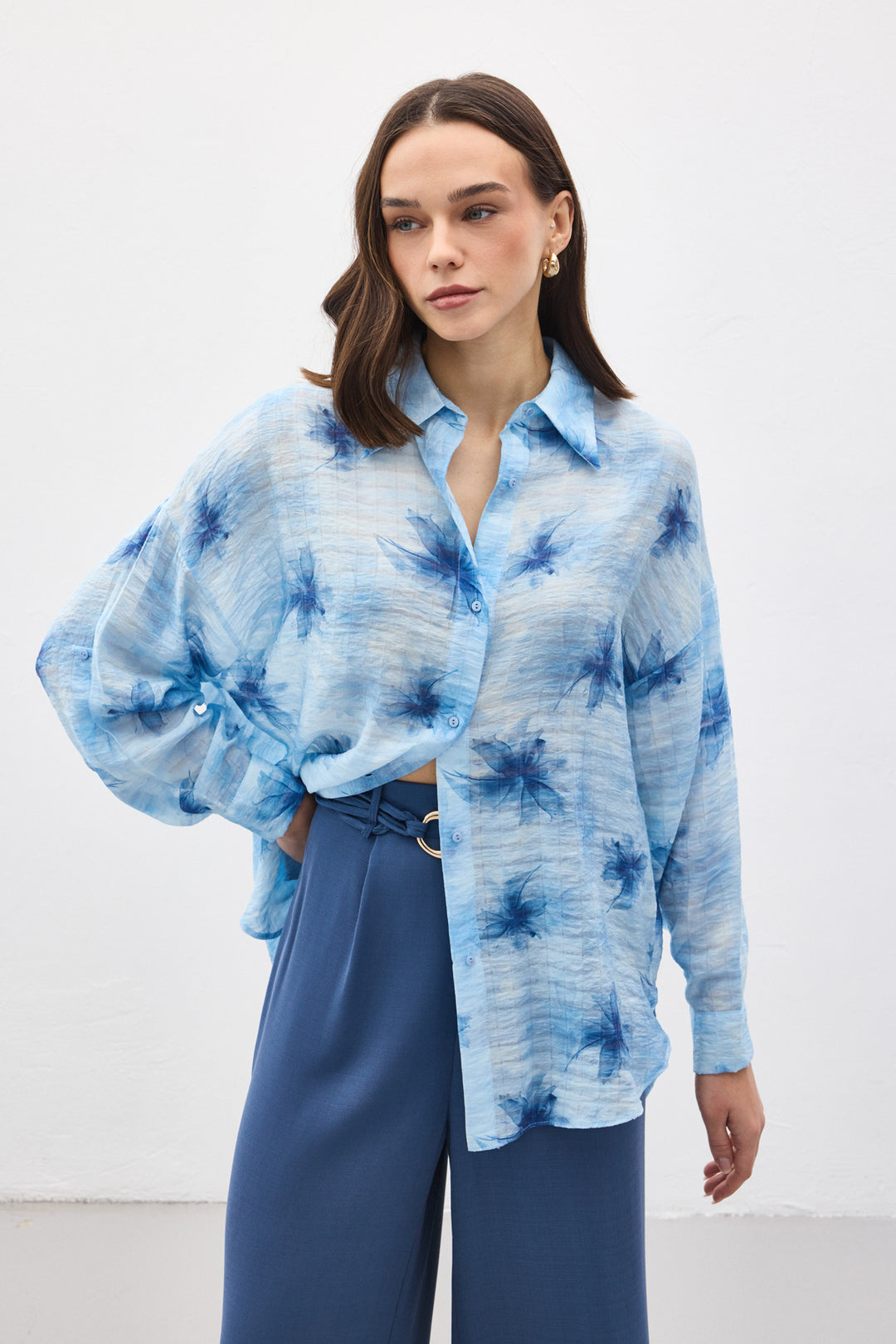Sateen Chemise Fine à Manches Relevées - Bleu