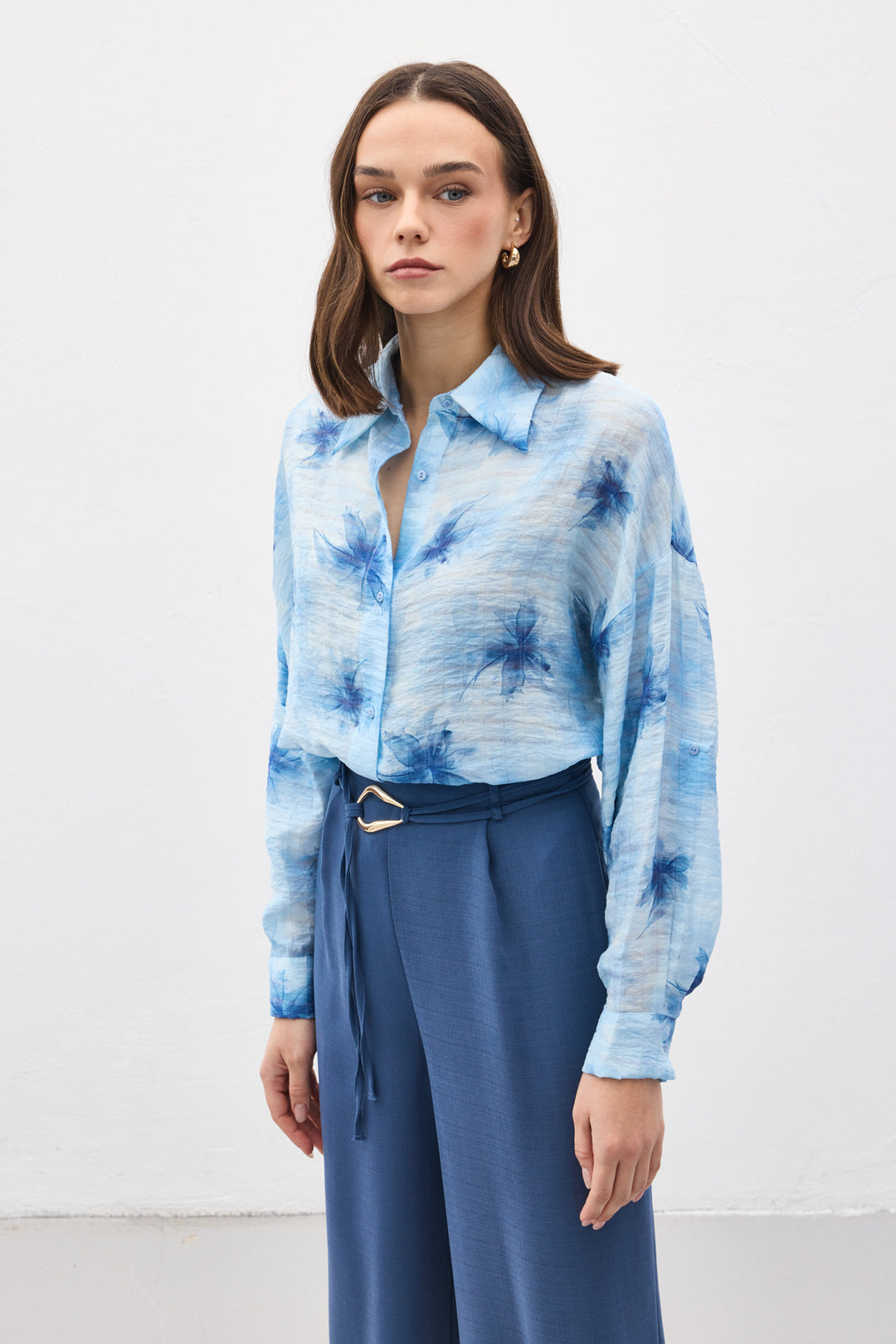 Sateen Chemise Fine à Manches Relevées - Bleu