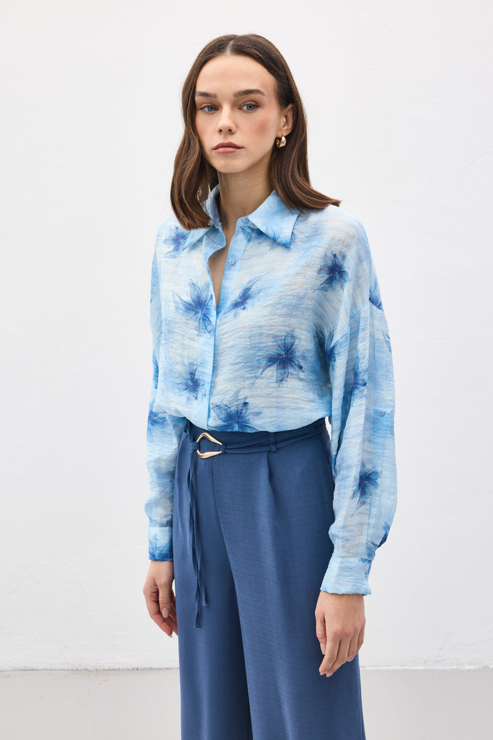Sateen Chemise Fine à Manches Relevées - Bleu