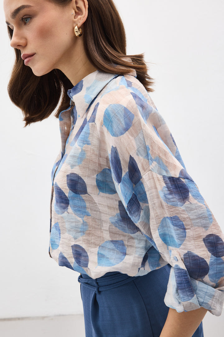 Sateen Chemise Fine à Manches Roulées - Bleu