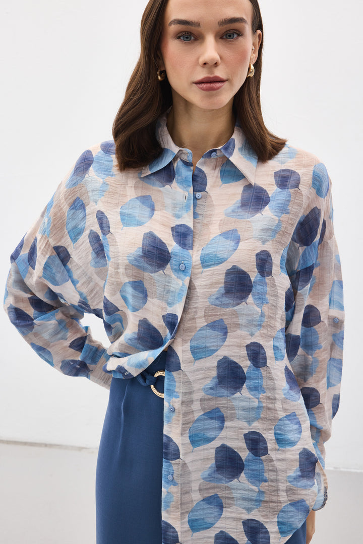 Sateen Chemise Fine à Manches Roulées - Bleu