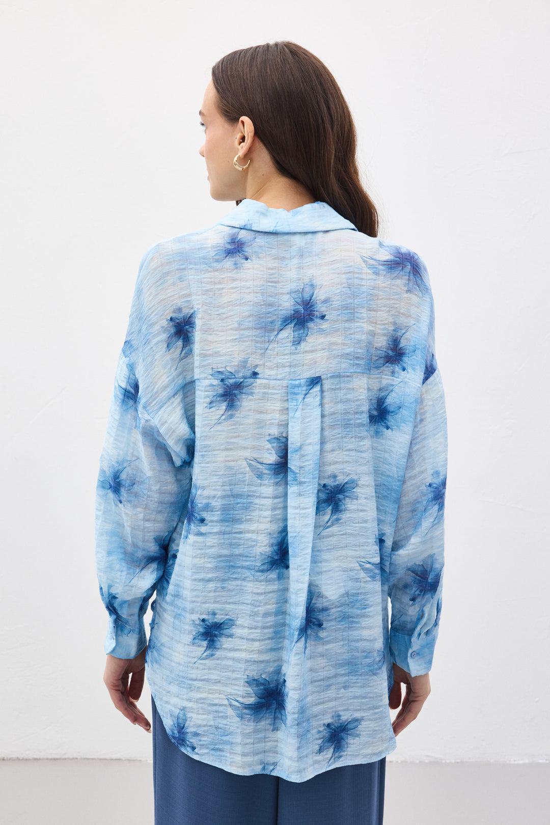 Sateen Chemise Fine à Manches Relevées - Bleu