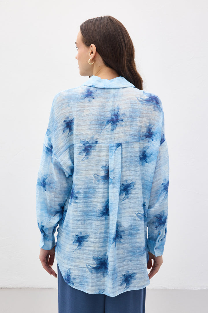 Sateen Chemise Fine à Manches Relevées - Bleu