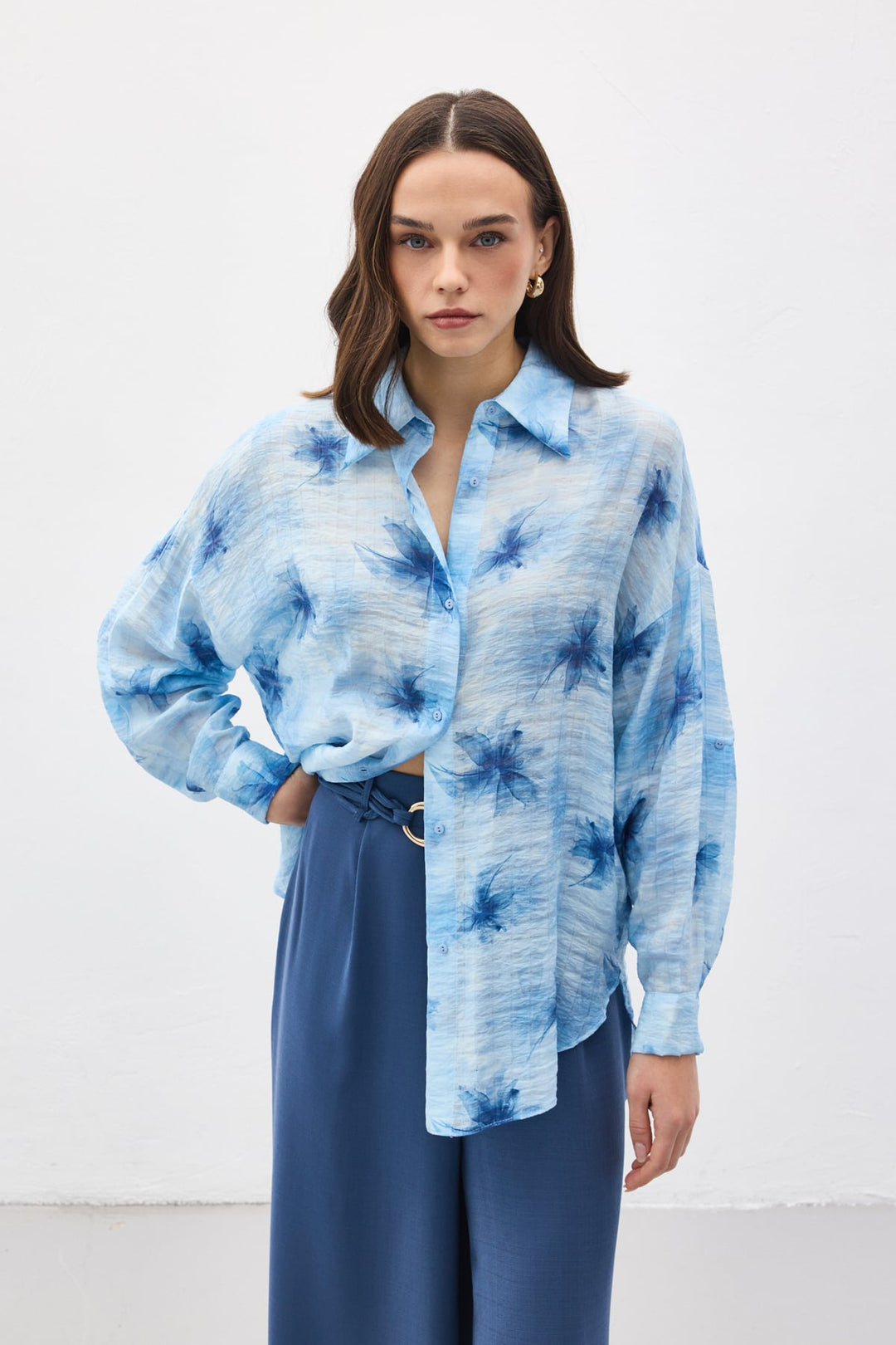 Sateen Chemise Fine à Manches Relevées - Bleu