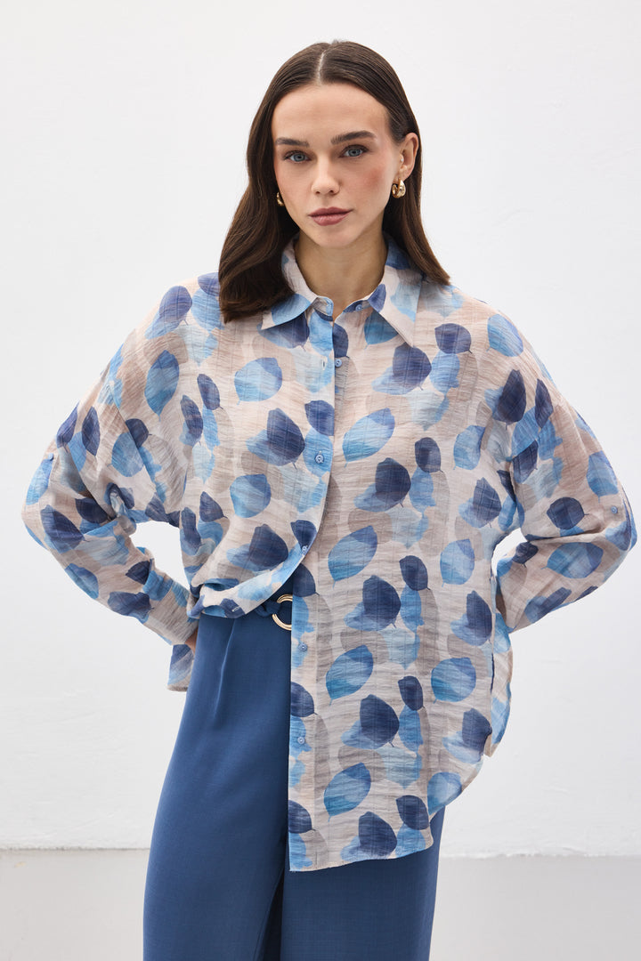 Sateen Chemise Fine à Manches Roulées - Bleu
