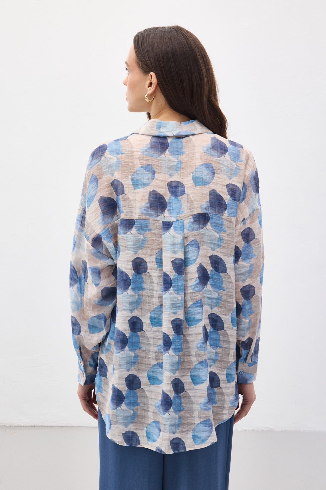 Sateen Chemise Fine à Manches Roulées - Bleu