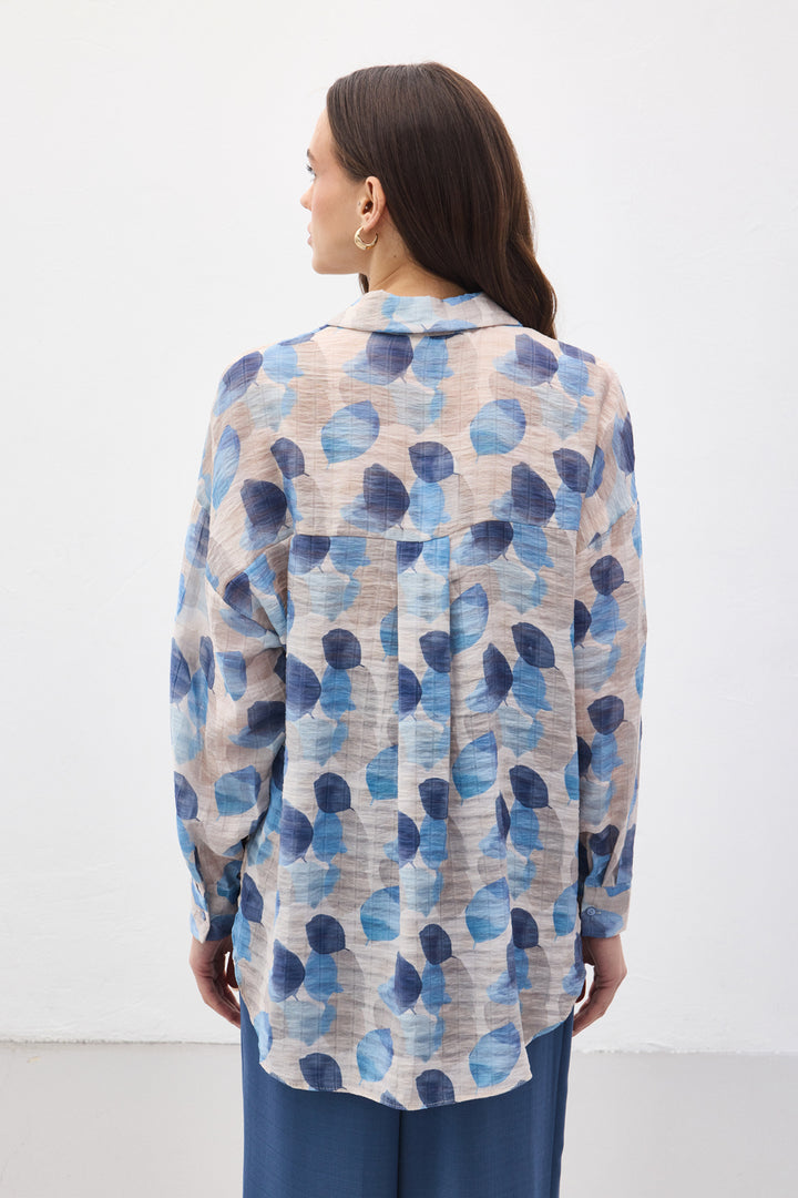 Sateen Chemise Fine à Manches Roulées - Bleu