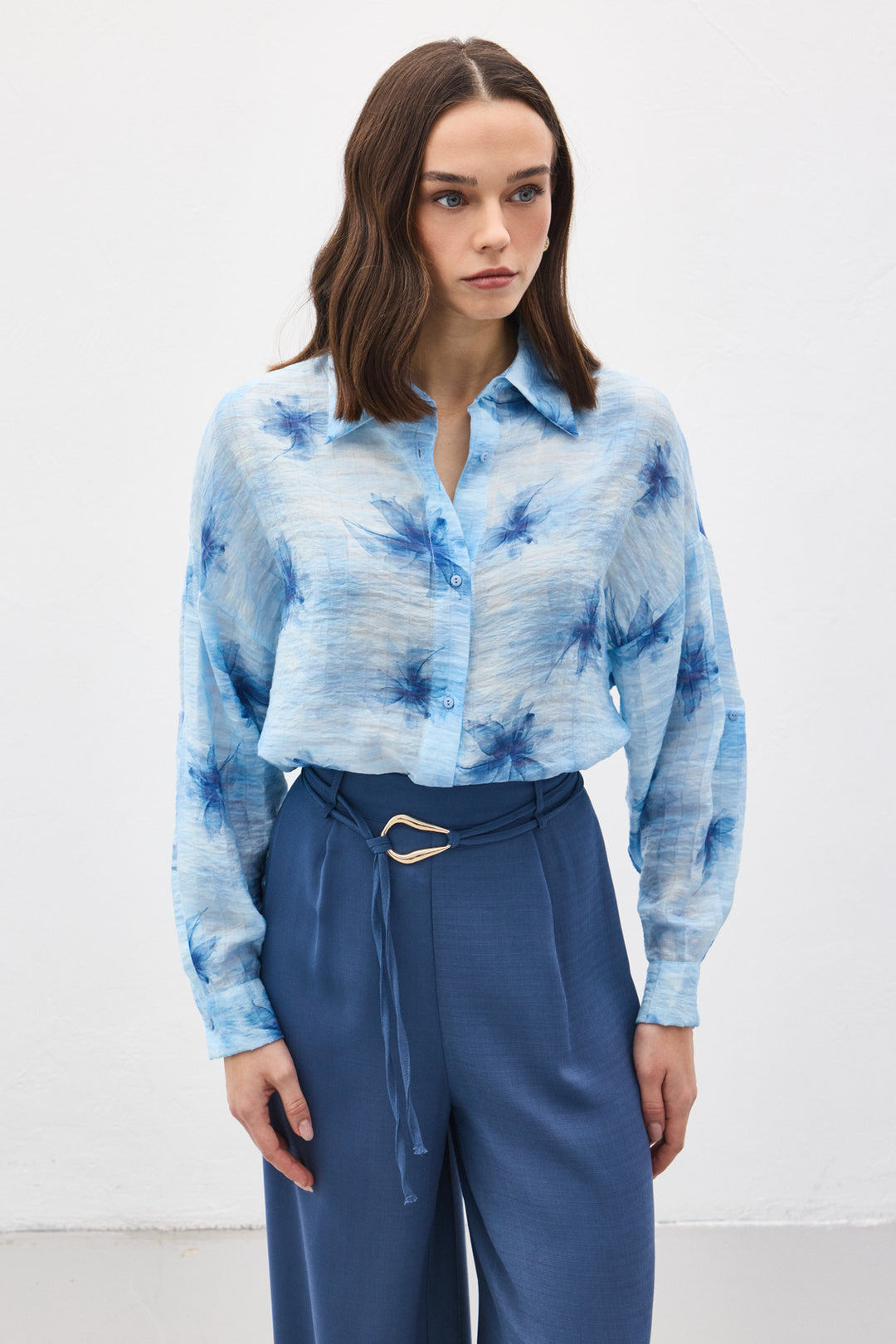 Sateen Chemise Fine à Manches Relevées - Bleu