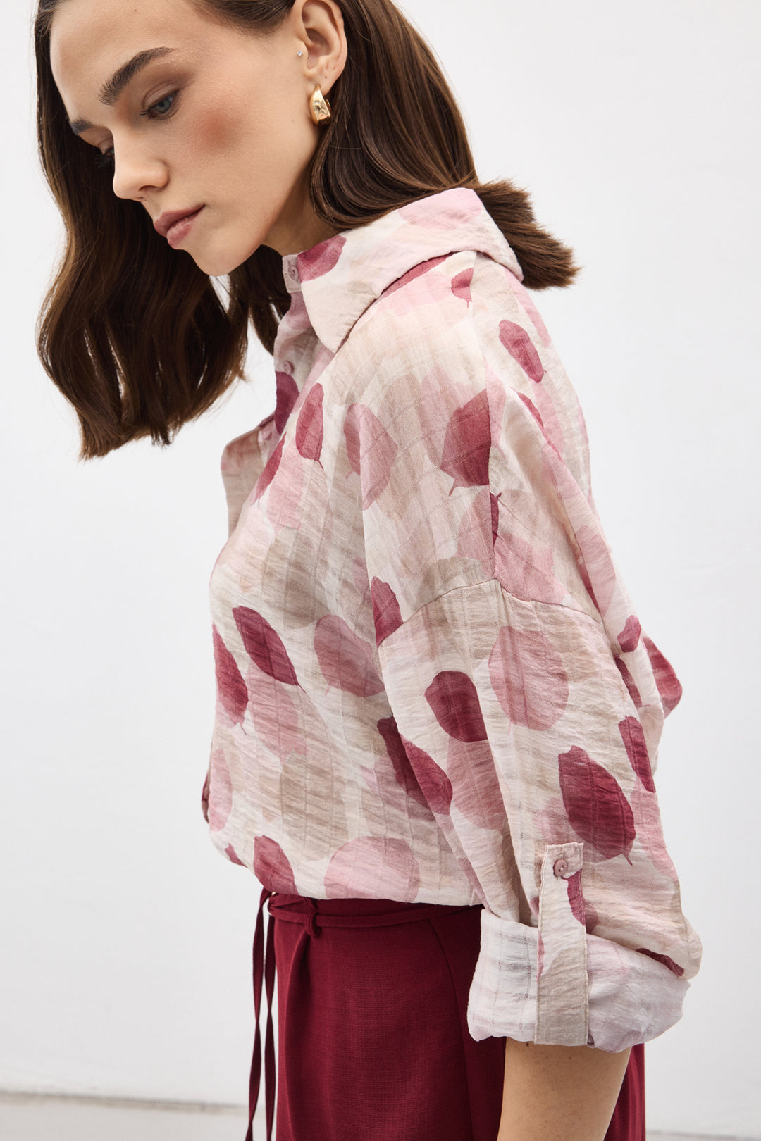 Sateen Chemise Fine à Manches Roulées - Prune