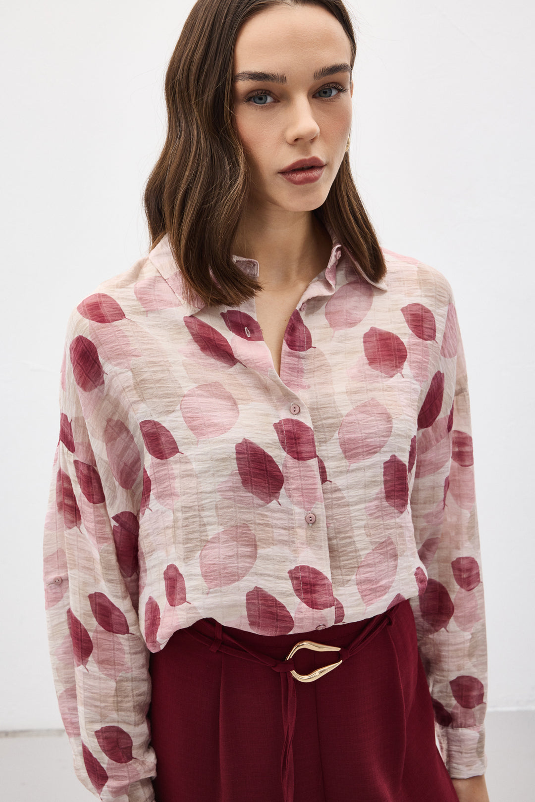 Sateen Chemise Fine à Manches Roulées - Prune