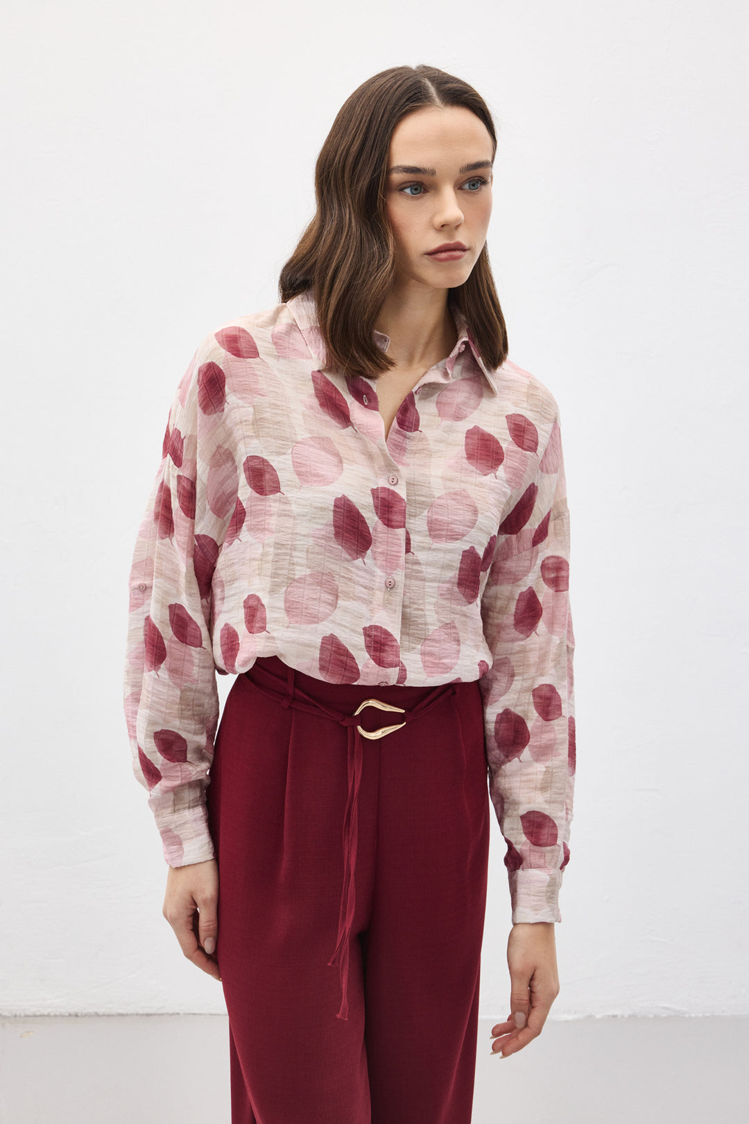 Sateen Chemise Fine à Manches Roulées - Prune