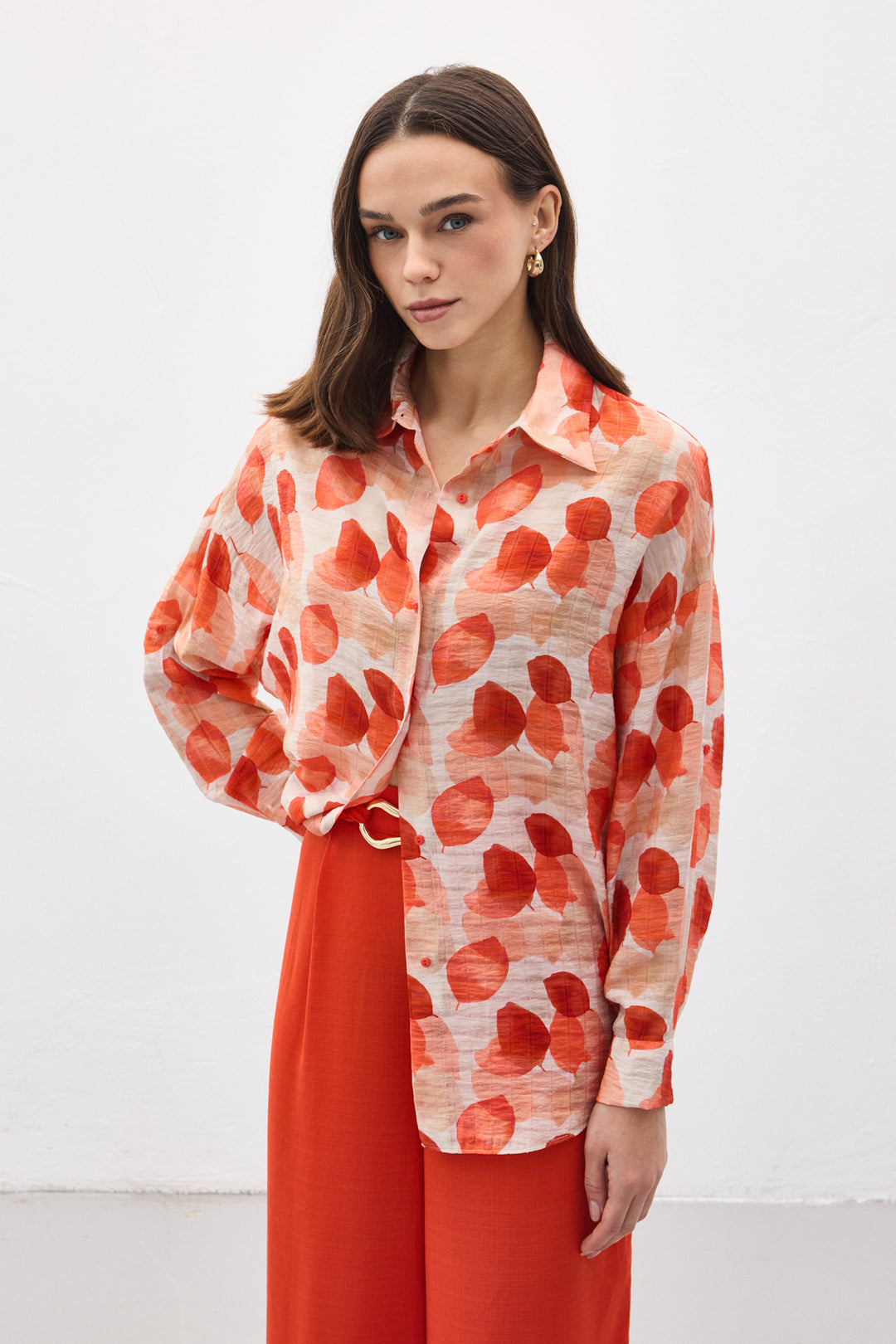 Sateen Chemise Fine à Manches Roulées - Corail