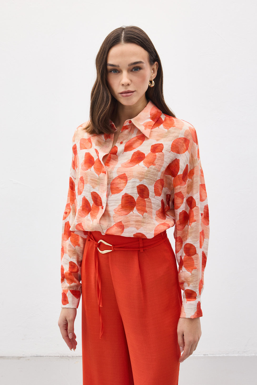 Sateen Chemise Fine à Manches Roulées - Corail