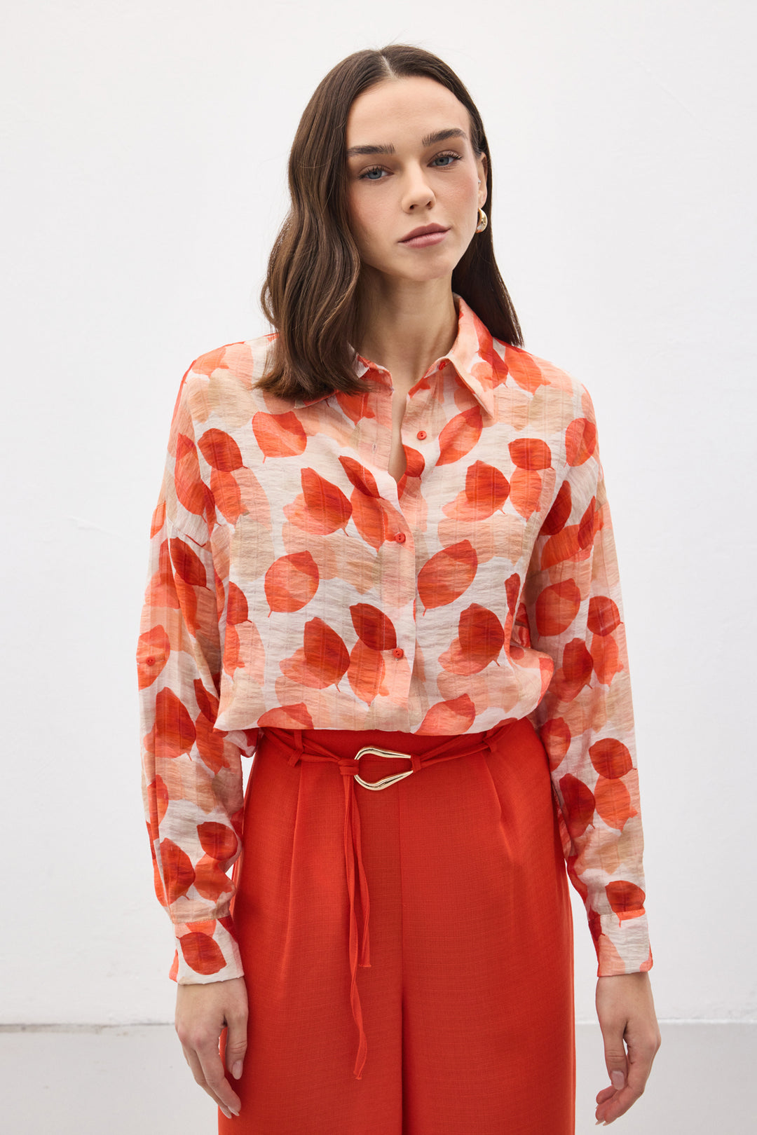 Sateen Chemise Fine à Manches Roulées - Corail