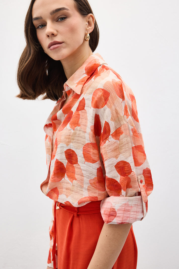Sateen Chemise Fine à Manches Roulées - Corail