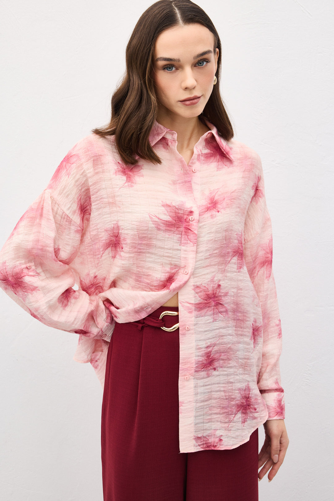 Sateen Chemise Fine à Manches Relevées - Rose