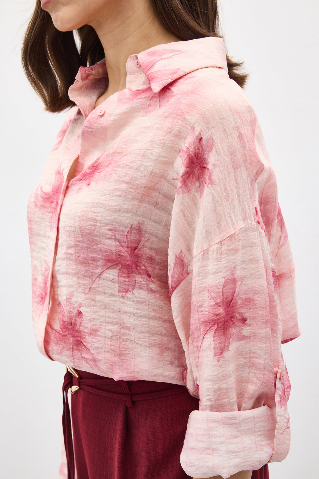 Sateen Chemise Fine à Manches Relevées - Rose