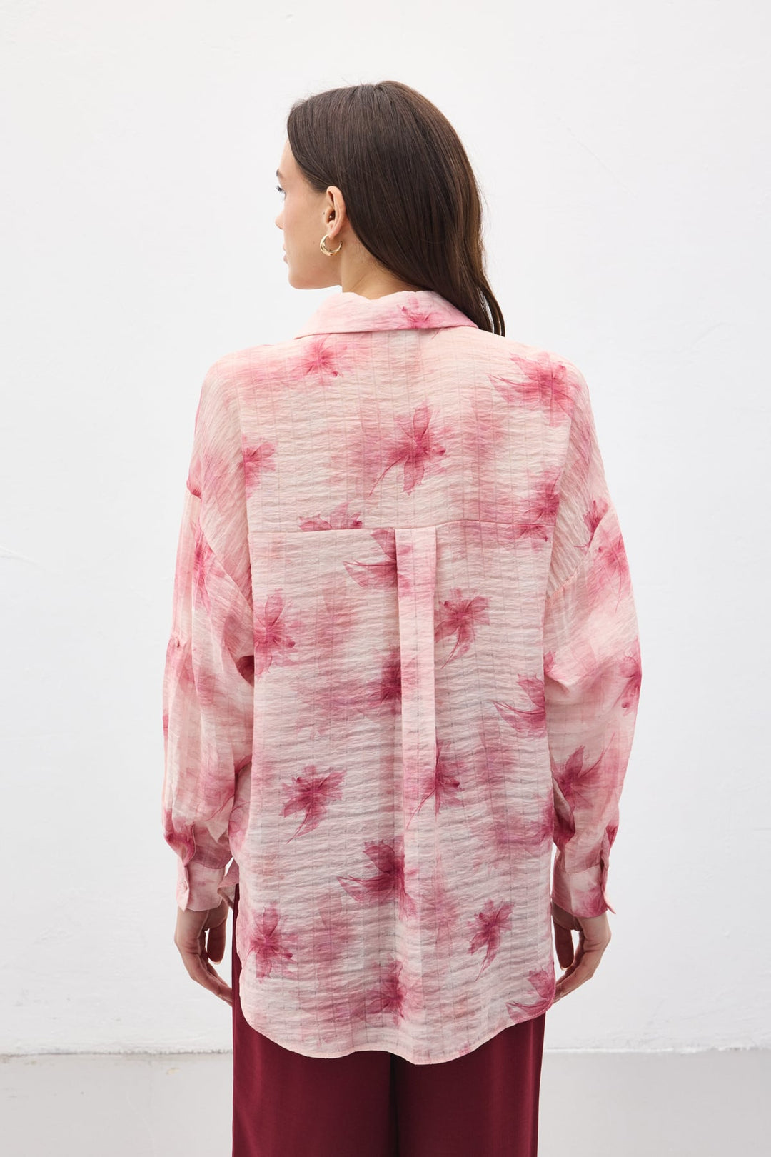 Sateen Chemise Fine à Manches Relevées - Rose