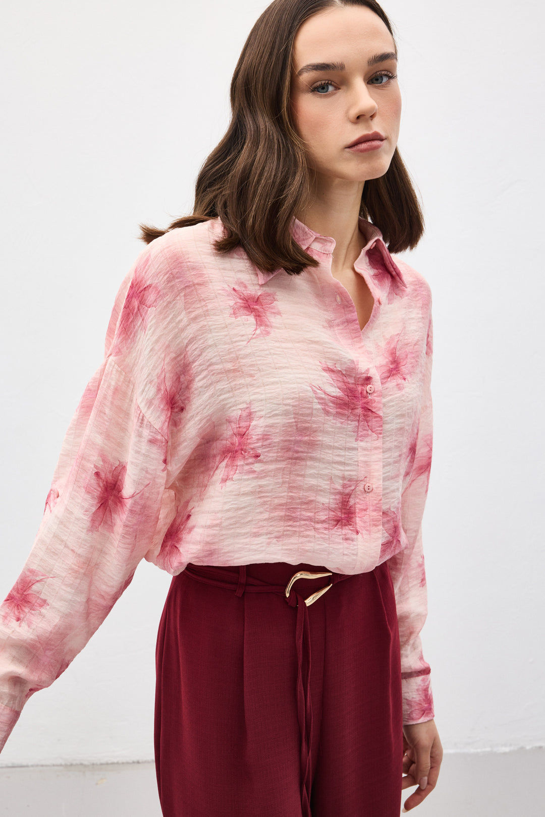 Sateen Chemise Fine à Manches Relevées - Rose