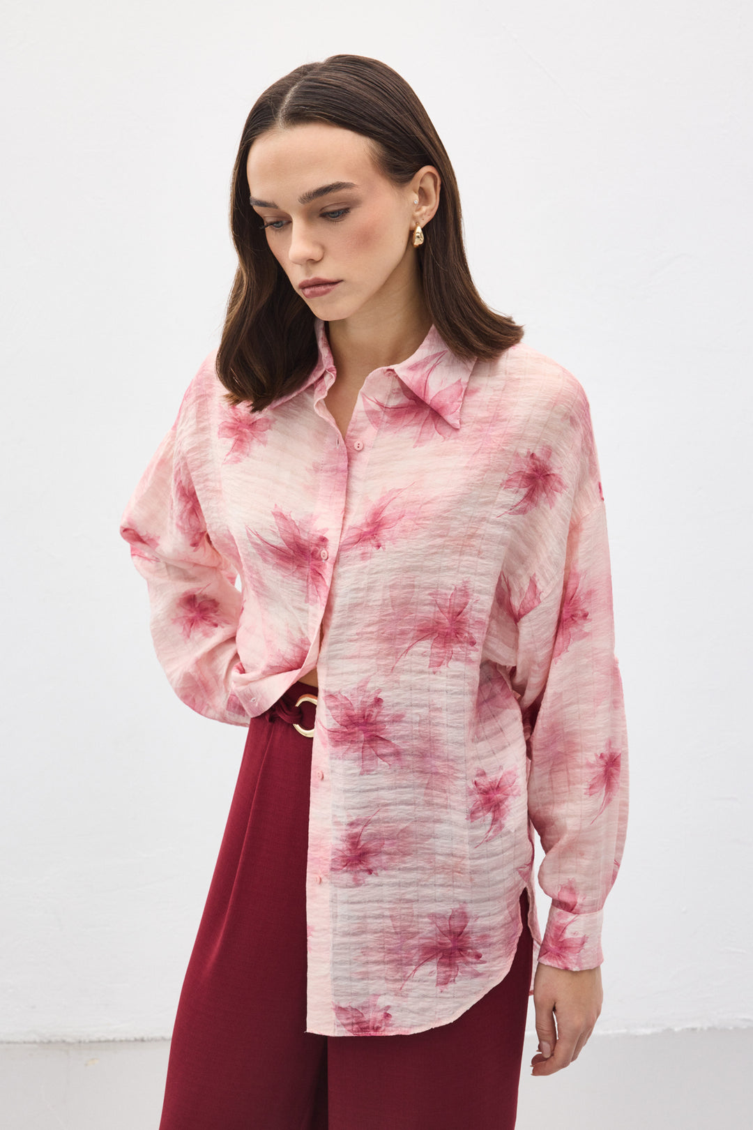 Sateen Chemise Fine à Manches Relevées - Rose