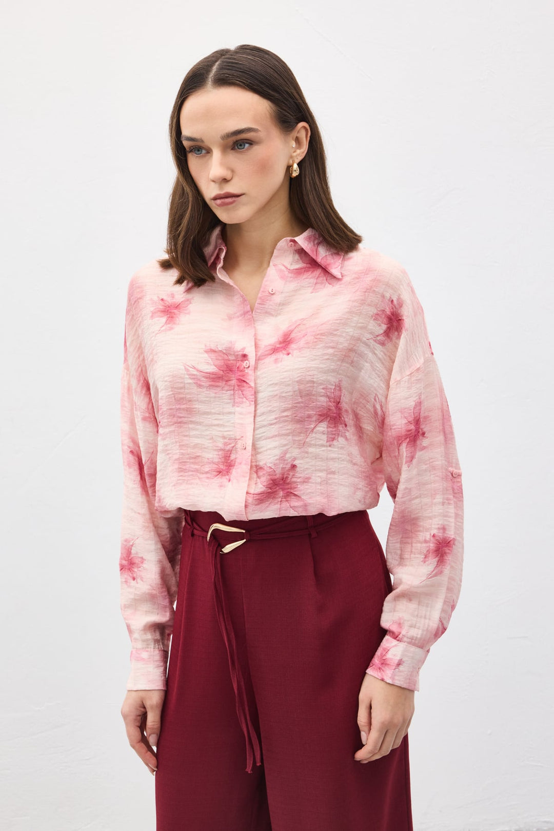 Sateen Chemise Fine à Manches Relevées - Rose