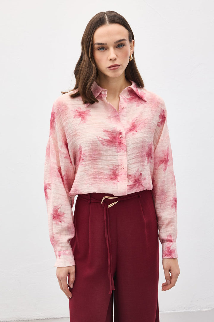 Sateen Chemise Fine à Manches Relevées - Rose
