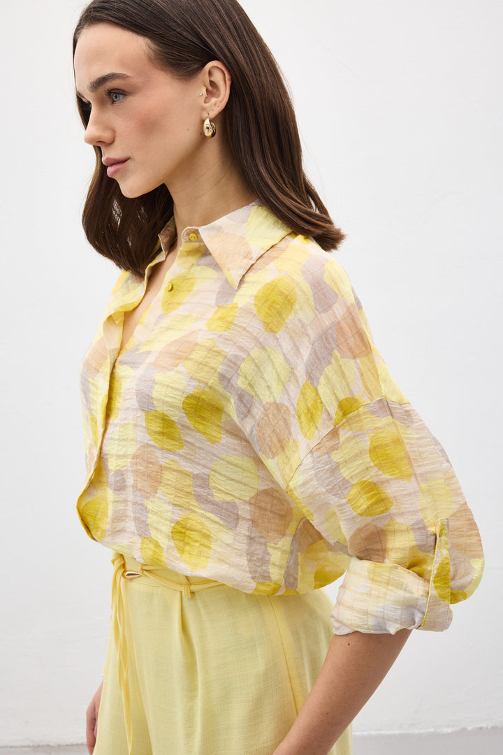 Sateen Chemise Fine à Manches Roulées - Jaune