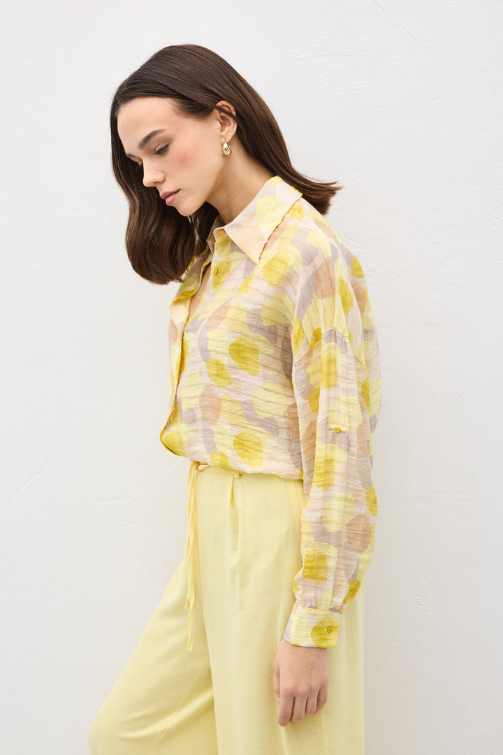 Sateen Chemise Fine à Manches Roulées - Jaune