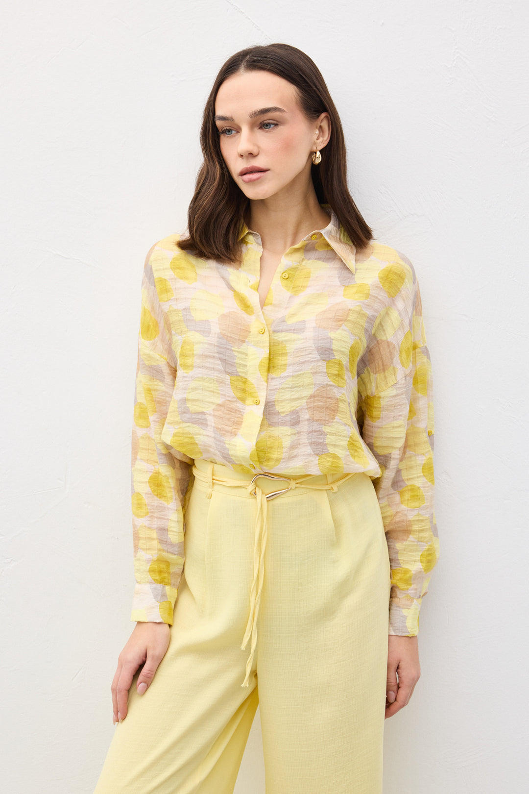 Sateen Chemise Fine à Manches Roulées - Jaune
