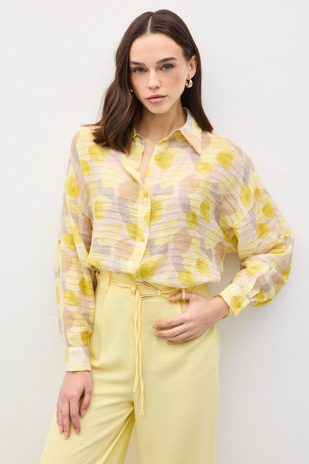 Sateen Chemise Fine à Manches Roulées - Jaune