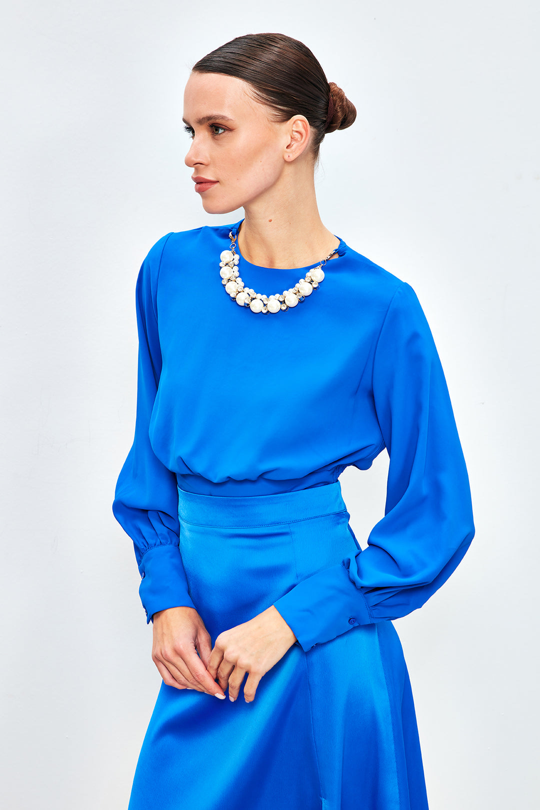 Sateen Crop top avec détail de collier - sax Bleu