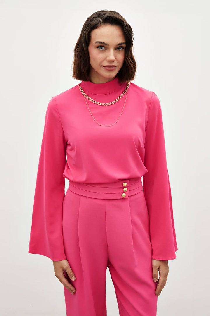 Sateen Blouse à manches espagnoles avec collier - Fuchsia